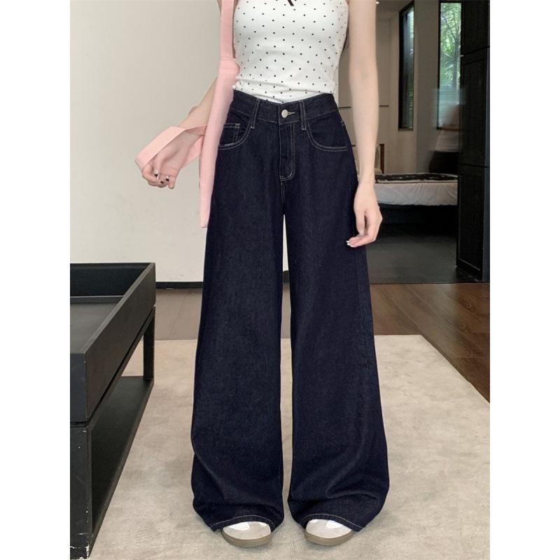 Hong Kong Retro Dark Blue High-Waisted Wide-Leg Jeans for Women - Summer Floor-Length Slimming Style
