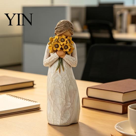 Minimalist Desk Ornament Girl Holding Bouquet Resin Figurine, Faceless Lady Statue, Romantic Desktop for Flower Statue Living Room Bedroom Home Decor,