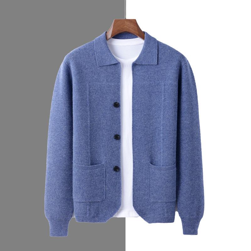 Men'S 100 Pure Wool Knitted Cardigan Lapel Button-Down Sweater Loose Plus Size Business High-End Jacket Trendy