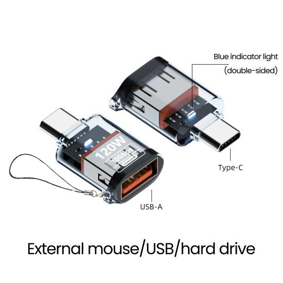Typ-C Stecker auf USB A Buchse Adapter 120W USB 3.2 Gen2 Adapter Beidseitig 10Gbps Datenübertragung Adapter mit transparentem Gehäuse
