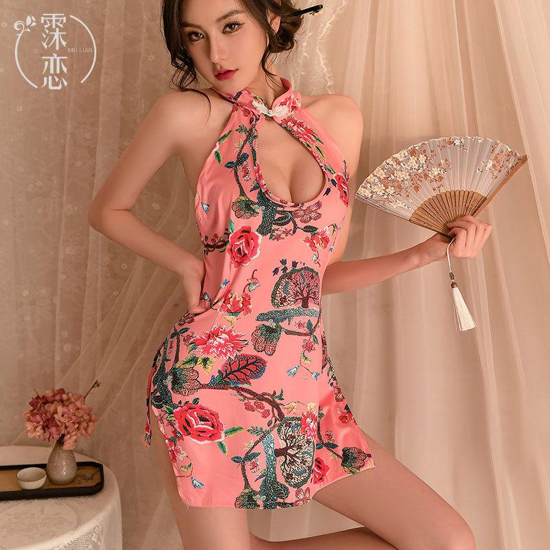 Sex underwear retro stand-up collar high-end cheongsam sexy uniform nightclub tight sleeveless hip-wrapped printing