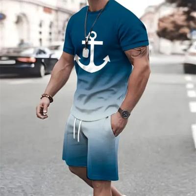Summer Men's Sailor Short Sleeve Set Anchor Print Short Sleeve Shorts Set Men's Crew Neck T-Shirt