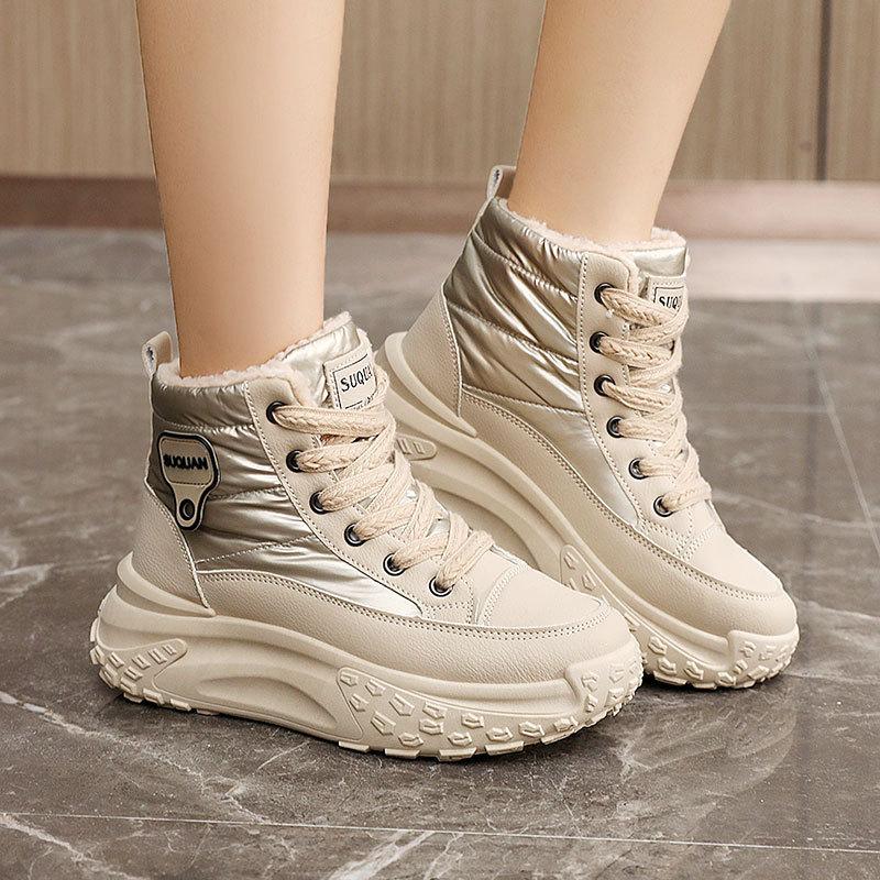 K6719 Winter New Simple Women's Shoes Warm High-top Cotton Shoes Waterproof and Velvet Thick Sole To Increase the Height of Students