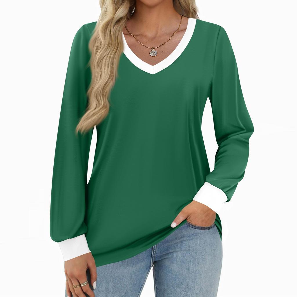 Women's Fashion Casual Long Sleeve Color Block Shirt Women's V-Neck Tops