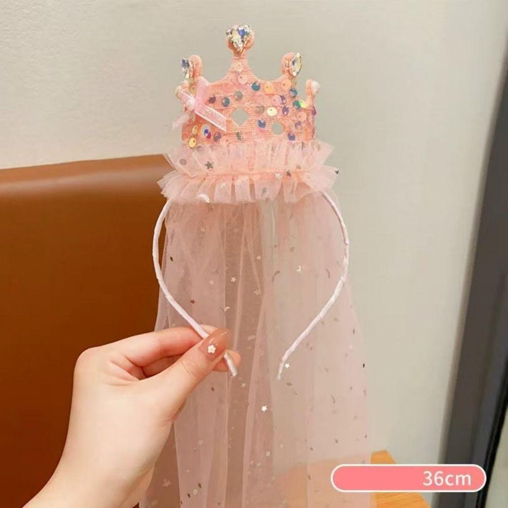 Sparkly Princess Crown Veil Headband Tulle Pink White Sequin Birthday Party Headwear Hair Accessories Glitter Dress Up Headbands