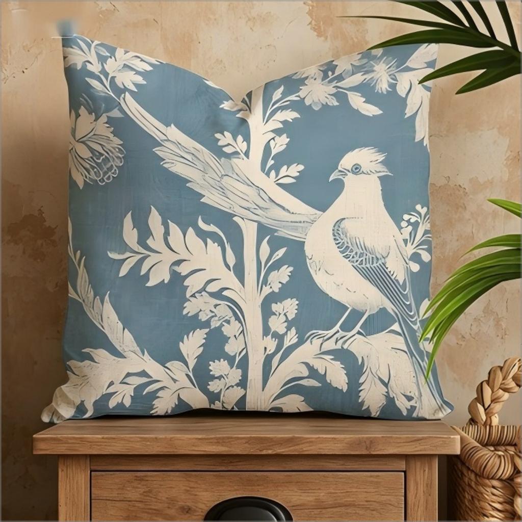Double Sided Blue Toile De Jouy Bird Throw Pillow Cover Vintage Floral Botanical Print Decorative Cushion Cover For Home Decor