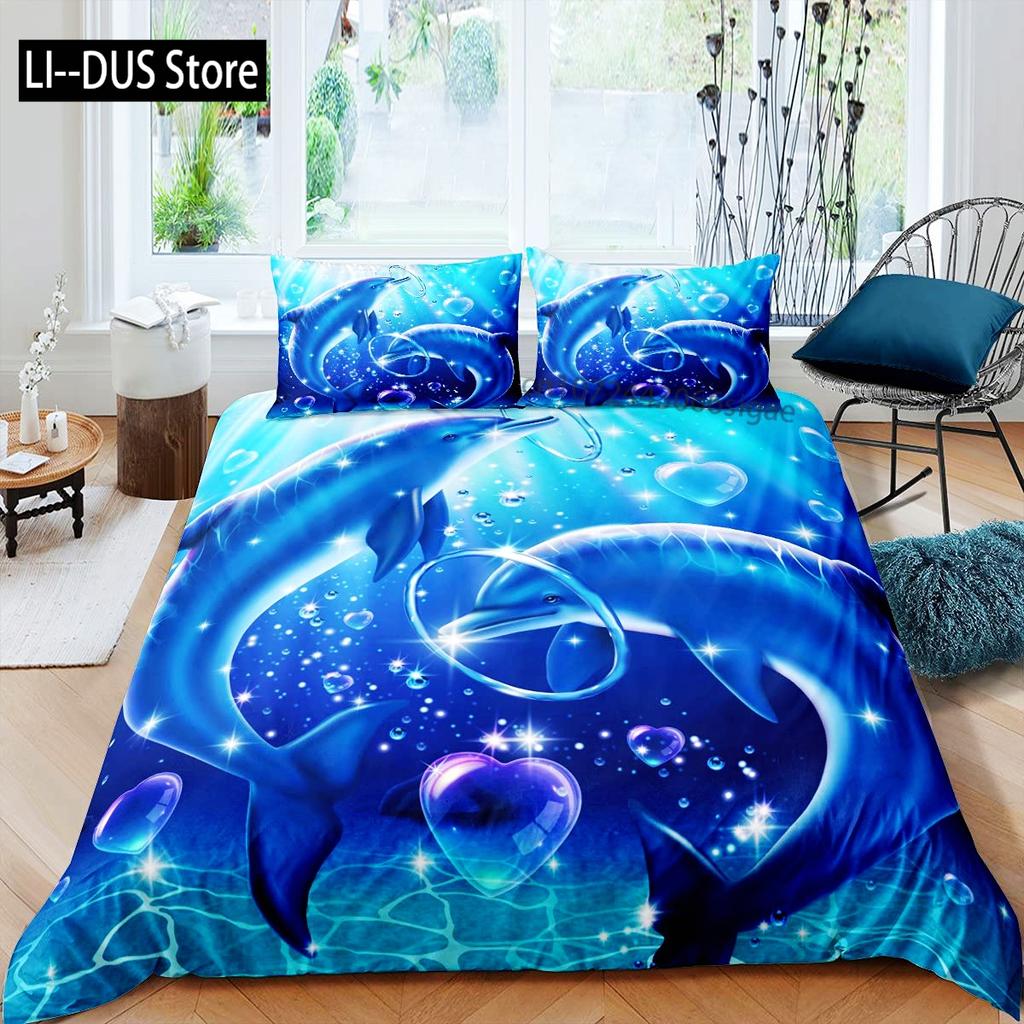 Blue Dolphin Bedding Set Comforter Queen Full SizeOcean Animal Bedding for Boys Kids Teen Boy Bedding with Pillowcases 3pcs