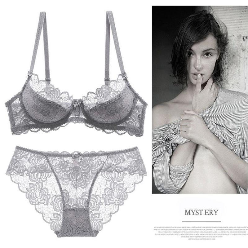 European and American Bra Set with Underwire and No Sponge Thin Double-layer Mesh Lace Underwear