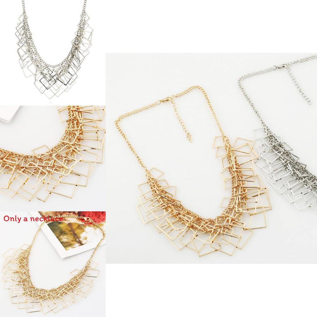 Square Multi Layer Modern Geometric Necklace With Metal Chain For Art Deco Look