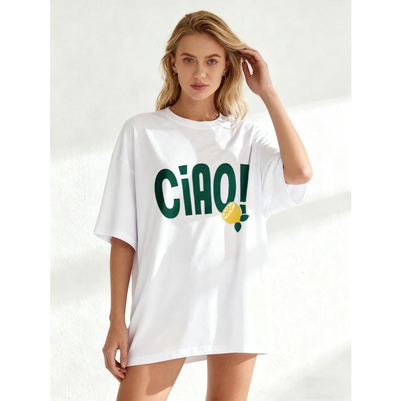 Oversized T Shirt Black Ciao Text And Lemon Print Casual Wear For Women