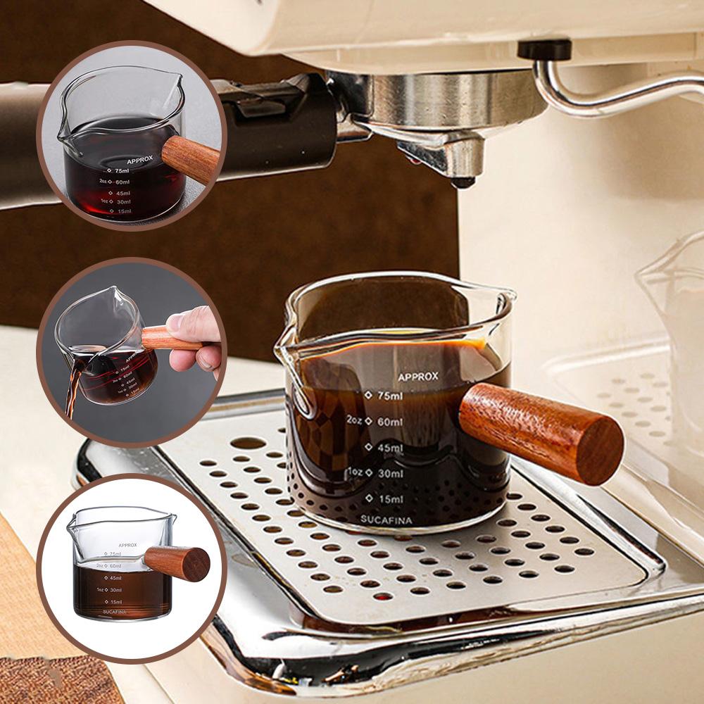 Double Spouts Measuring Triple Pitcher Milk Cup with Wood Handle 75ML Espresso Shot Glasses Parts Clear Glass