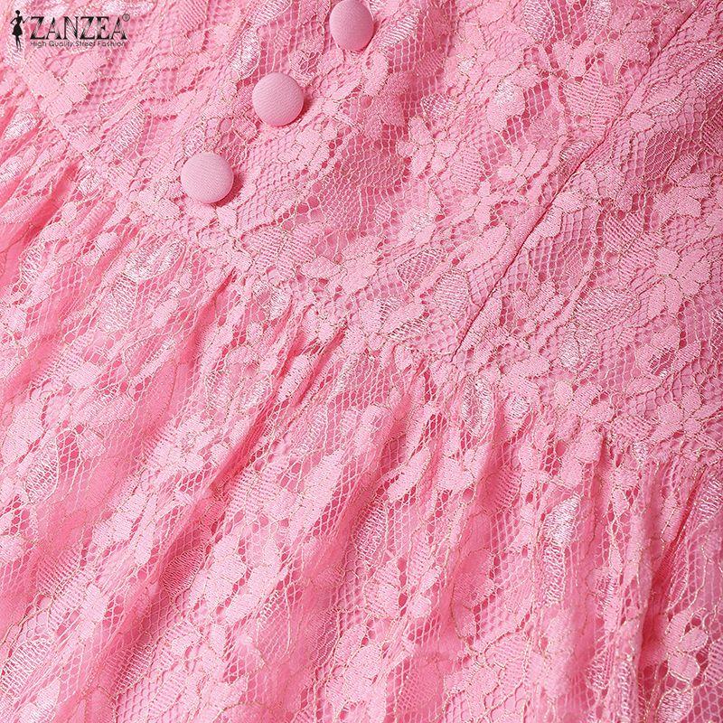 ZANZEA Women Round Neck Long Sleeve Elegant Lace Dress