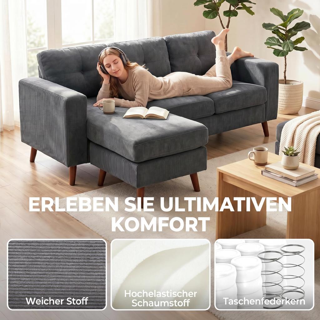 Corner Sofa 192 Cm L-Shaped 3-Seater Sofa with Reversible Chaise Longue, Corduroy Look, for Small Rooms, Dark Grey