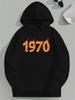 Übergrößen Hoodie mit dynamischem Feuereffekt "1970" Aufdruck - Schwarz Lässiger Lockerer Schnitt
