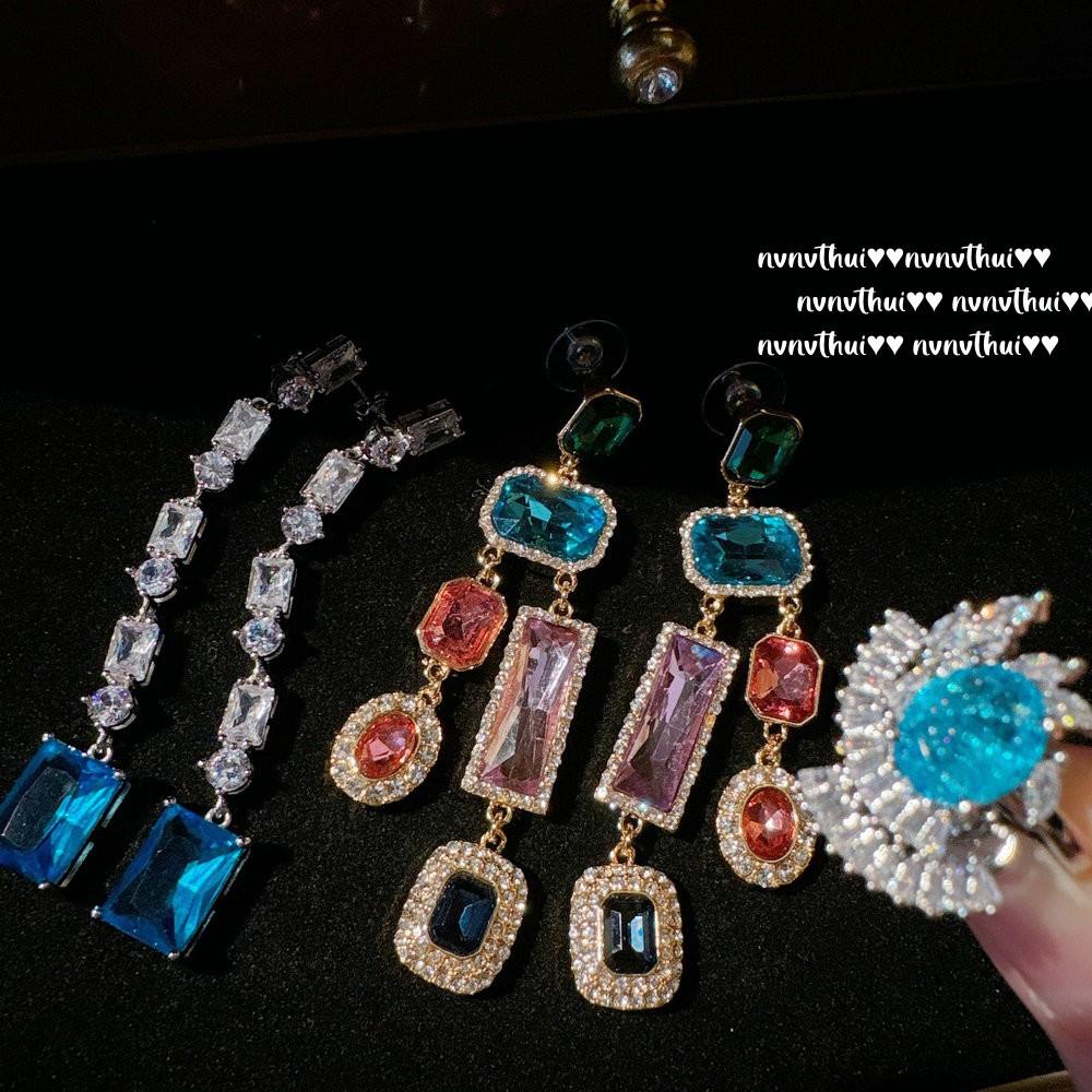 Tourmaline Abacus Rainbow Water Drop Gemstone Earrings, Antique Feeling, Plated With 18K Gold, Water Blue Sugar Cube Zircon Earrings Combination