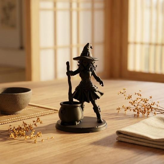 3D Printed Witch Statue Halloween Cauldron Figurine, Spooky with Black Pot, Fantasy Table Ornament Gothic Small Desktop for Tabletop Mantel