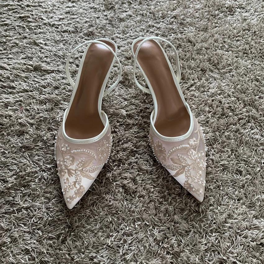 Fashion Mesh Embroidered Thin High Heels Sandals Women 2025 Summer Sexy Slingback Pointed Toe Pumps Dress Shoes Woman Sandalias