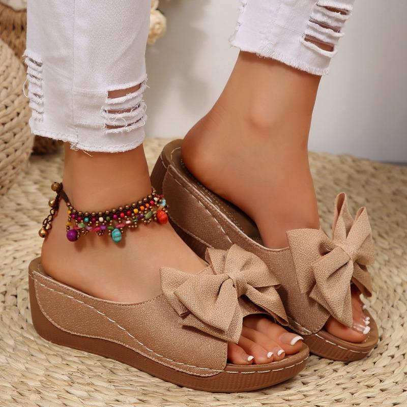 

Large size bow thick-soled slippers female solid color cloth one-character slope heel cool slippers wish 43 коричневый