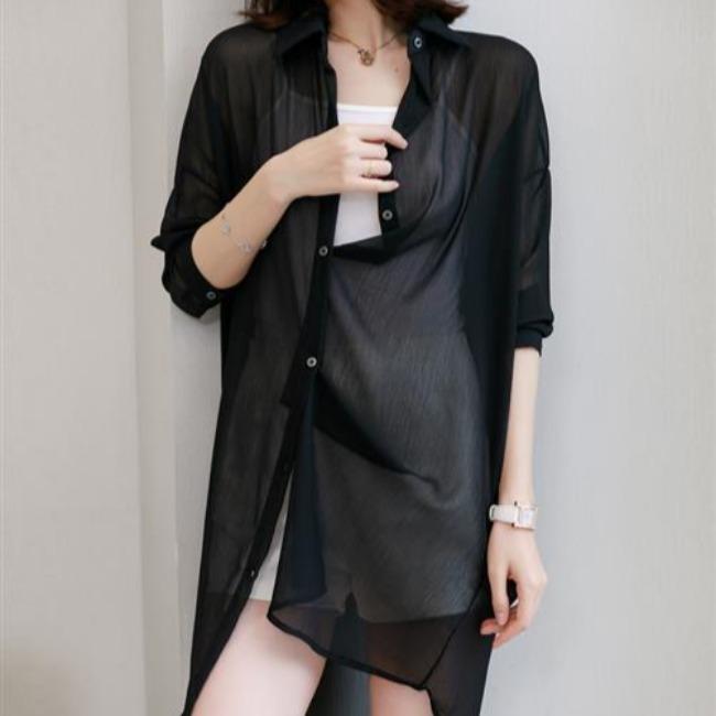 Sunscreen Clothing for Women Summer Thin Chiffon Cardigan with Long Sleeves Draped Over A Shawl Medium Length Shirt Collar Jacket