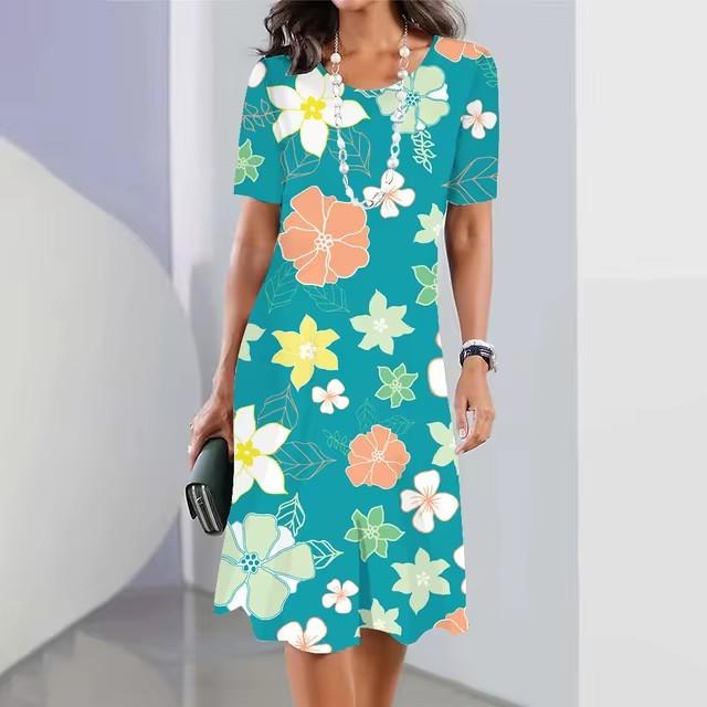 Elegantes Kurzarm 3D-Druckkleid Strand Sommer Midi-Kleider
