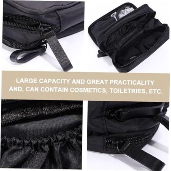 No-brand nylon material black double-layer makeup travel bag cosmetic zipper dirt-resistant essential protection easy use storage bathroom pouch.