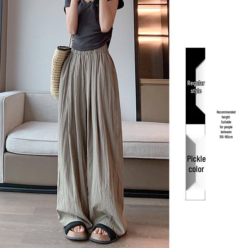 Women's Summer Blue Wide-Leg Ice Silk Pants - Casual Pleated Zen Style