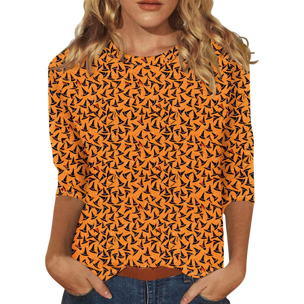 Women's Fashion Casual Three-quarter Sleeve Halloween Printed Round Neck Top