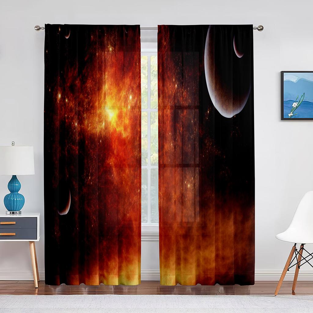 Solar System Outer Space Sheer Voile Curtain for Living Room Bedroom Decor Planet Galaxy Glitter Fantasy Window Tulle Curtains