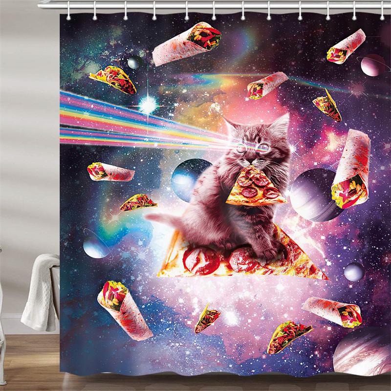 Pirate Cat Riding Shark Shower Curtain Funny Space Galaxy Rainbow Waterproof Fabric Bath Curtain With Hooks For Bathtub Decor