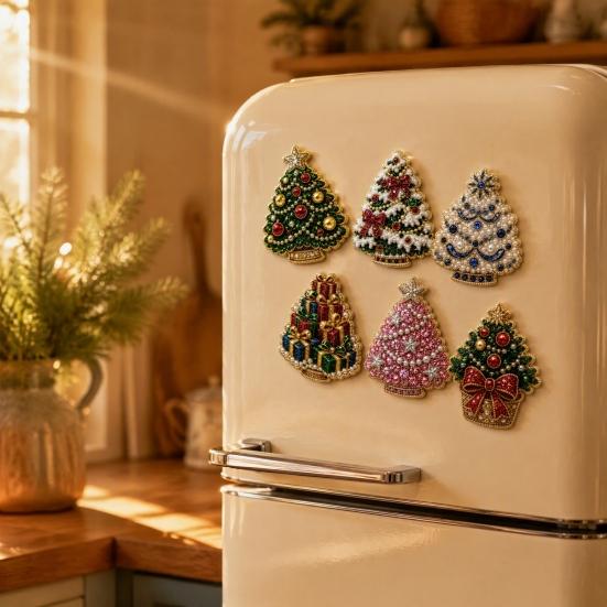Whiteboard Magnetic Decorations 6Pcs DIY Faux Pearl Painting Fridge Magnet, Santa Snowman Stocking Tree Refrigerator Magnets Gingerbread Snowflake
