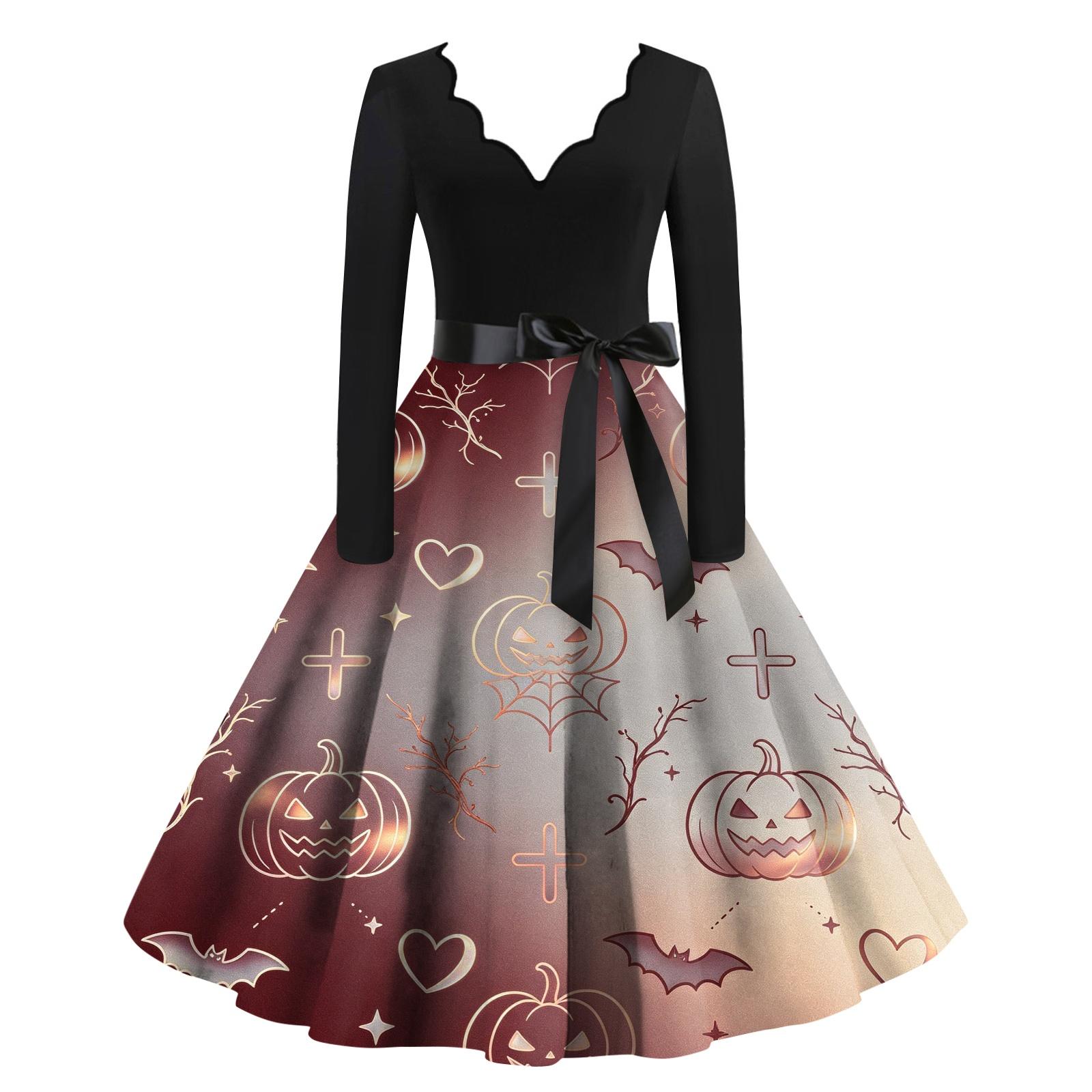 Women s Halloween Printed Long Maxi Dress for Costume Party L чёрный