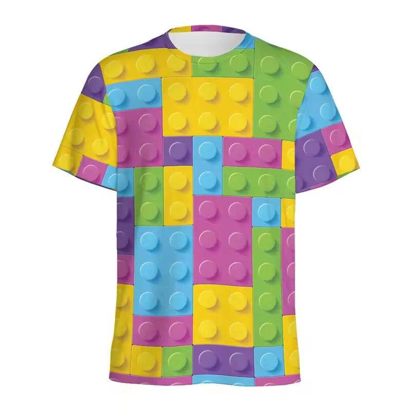 Retro Building Block 3D Printed T Shirt Men Jigsaw Puzzle Video Games Pattern T-Shirt Loose Street Short Sleeves Y2k Tee Shirts