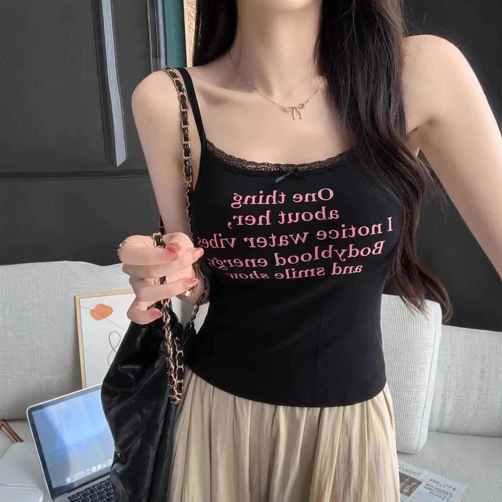 #Vest Small Suspender Women's Niche Print Casual Sweet and Spicy Bottoming Shirt Bow Lace Edge Pure Desire Top