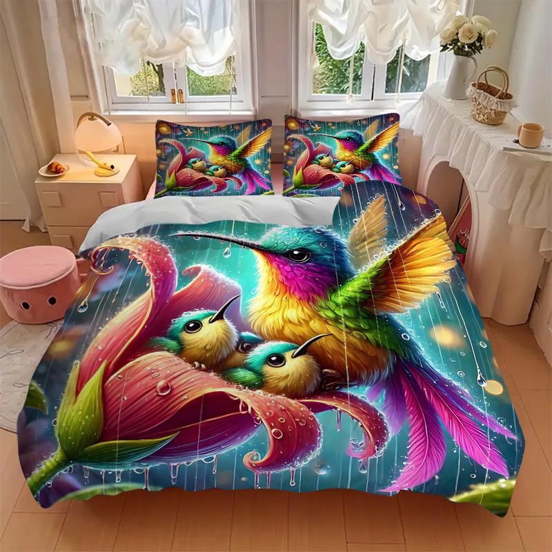 3pcs Rainbow Hummingbirds Bedding Set - Includes 1 Quilt Cover and 2 Pillowcases, Comfortable Bedding with Stylish Design for Bedroom, Machi