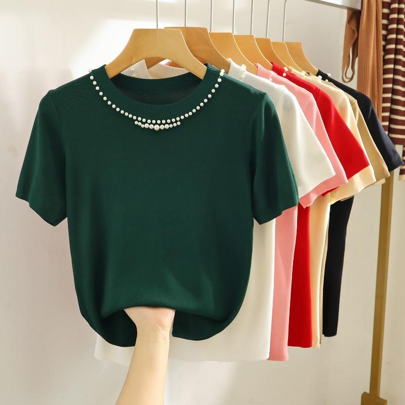 Fashion Short Sleeve Loose Knitted T Shirt Women Summer New Beading Round Neck Casual Women's T-shirt Tops Elegant Slim Fit Simple Woman Tee 26235