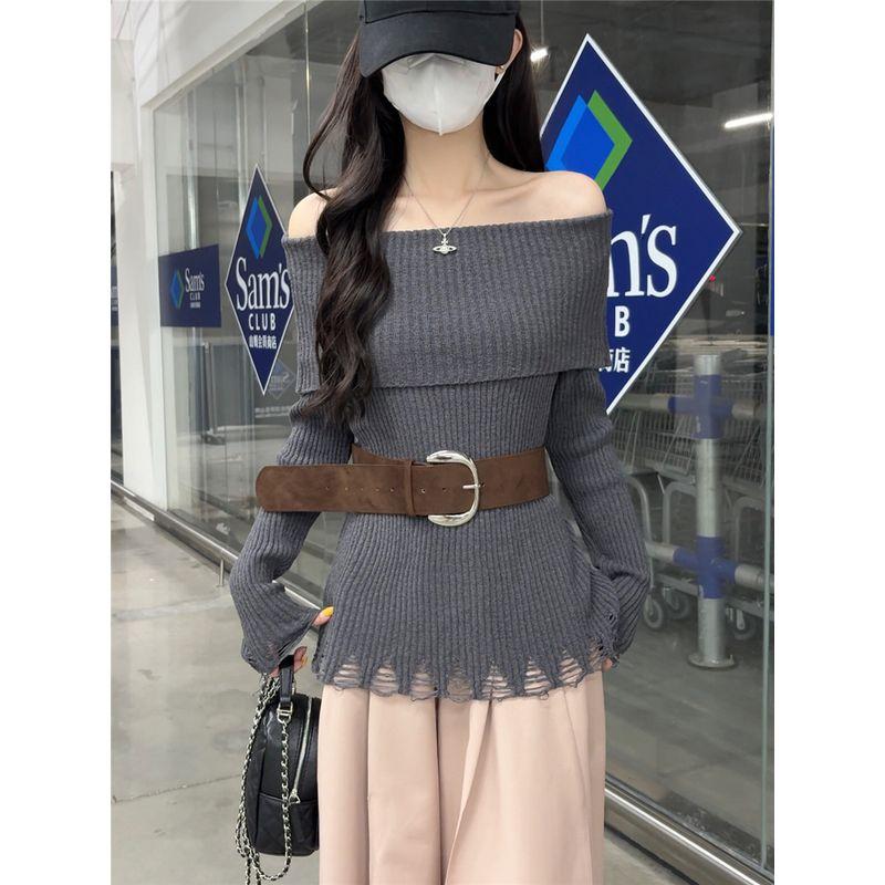 Kumikumi Design Sense Solid Temperament off-Shoulder Long sleeve Knit Women Autumn Waist Hugging Slimming Versatile Top