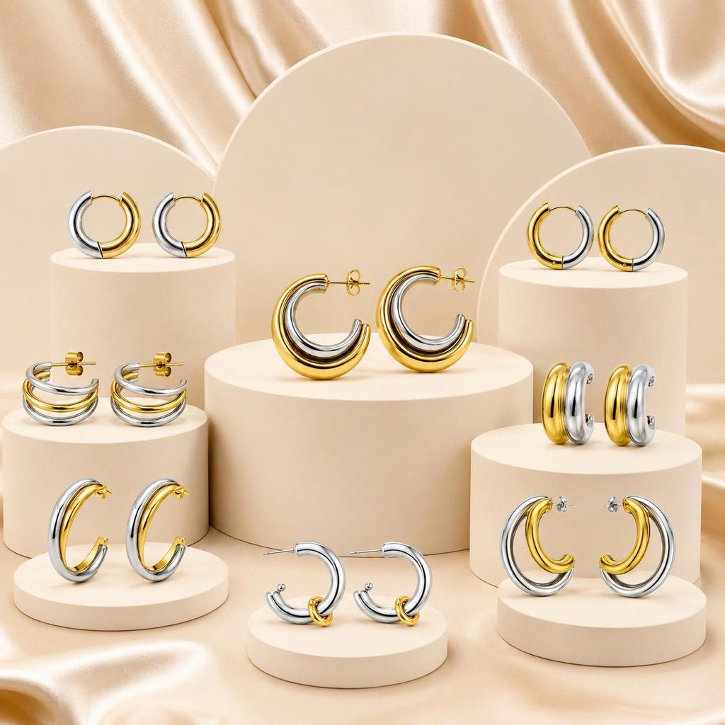 European & American Style Two-Tone Stainless Steel Hoop Earrings with Elegant Design