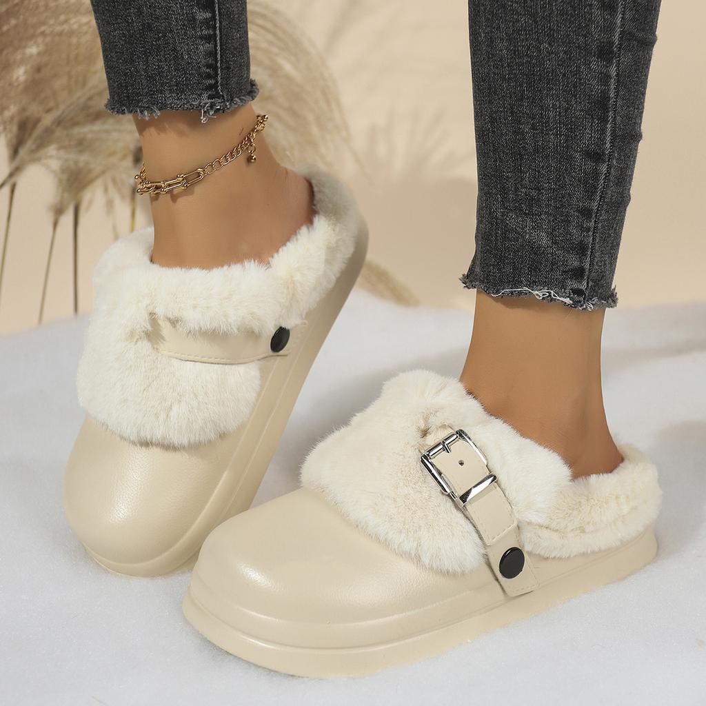Mode Metalen Gesp Furry Muiltjes Pantoffels Dames 2025 Winter Eva Pluizig Bont Binnenpantoffels Comfort Dikke Zool Antislip Huis Slides