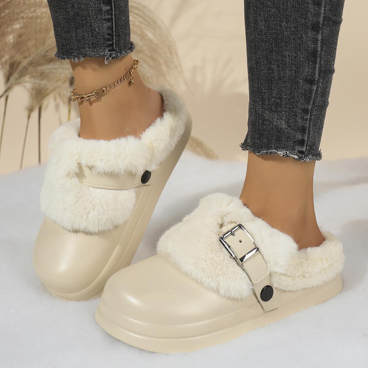 

Fashion Metal Buckle Furry Mules Slippers Women 2025 Winter Eva Fluffy Fur Indoor Slippers Comfort Thick Bottom Non Slip Home Slides 36-37 бежевый