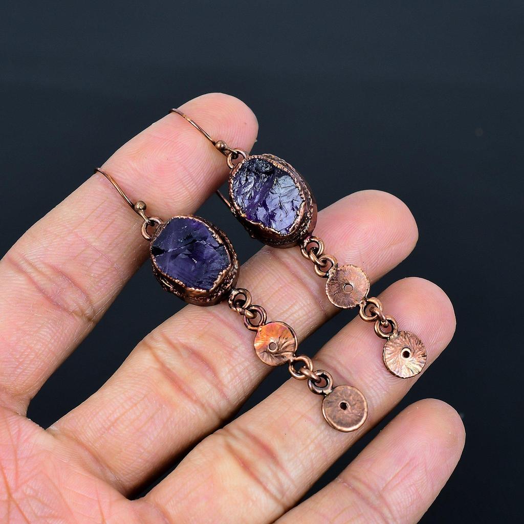 Amethyst Copper Electroformed Earrings, Handmade Gemstone Earrings, Gift For Mom Antique Jewelry