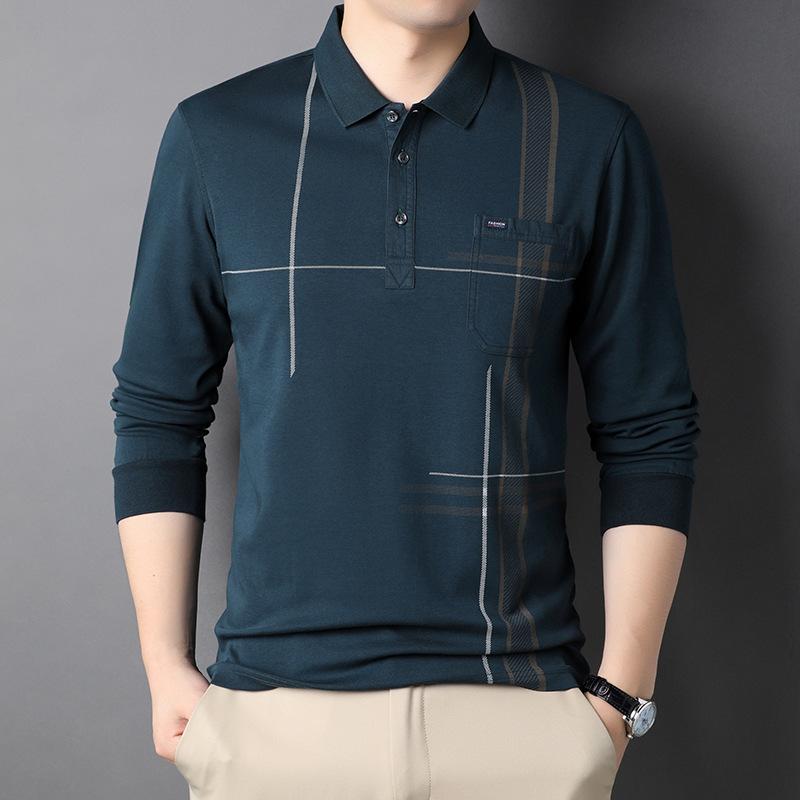 

Весна и осень Новые полосатые мужские футболки с лацканами для молодежи и мужчин среднего возраста Модные повседневные рубашки с длинными рукавами Футболки XXXL