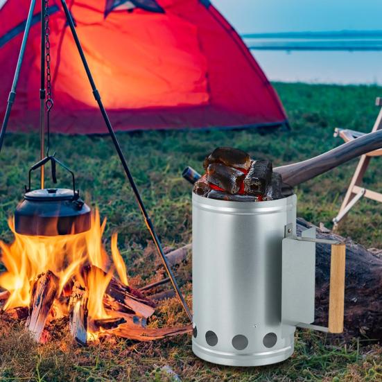 Charcoal Chimneys Starter with Wooden Handle Heavy-Duty Steel Wire Base Chimneys Starter for Charcoal Grill And BBQ