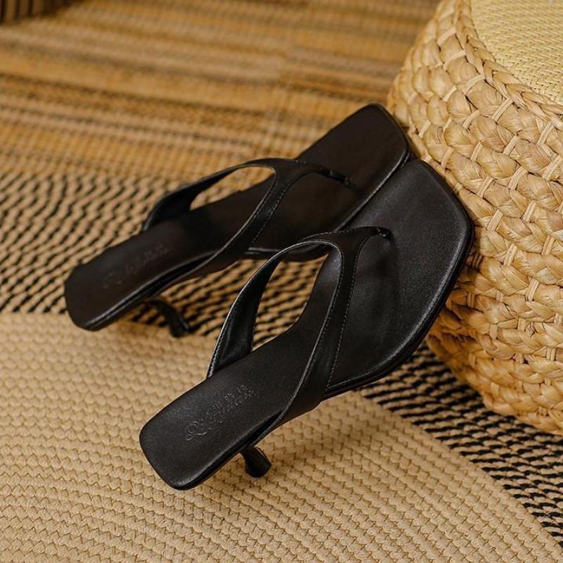 

Женские тапочки Женские тапочки с перемычкой на пальце на высоком каблуке Повседневная обувь Шлепанцы Женские с квадратным носком Мода 2025 Лето Вьетнамки 35 чёрный