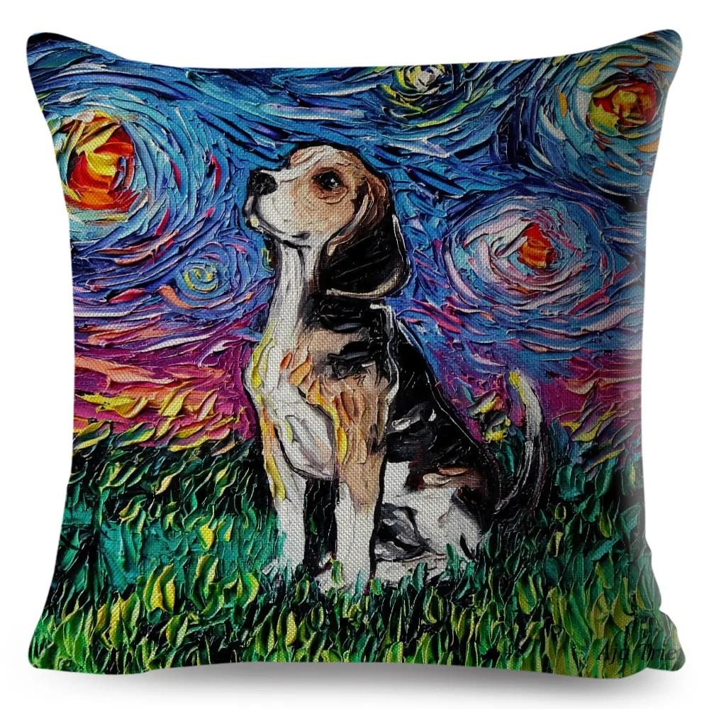 Both Sided Starry Sky Dog Cushion Cover Decor Oil Painting Cartoon Pet Animal Pillow Case for Sofa Home  Linen Pillowcase