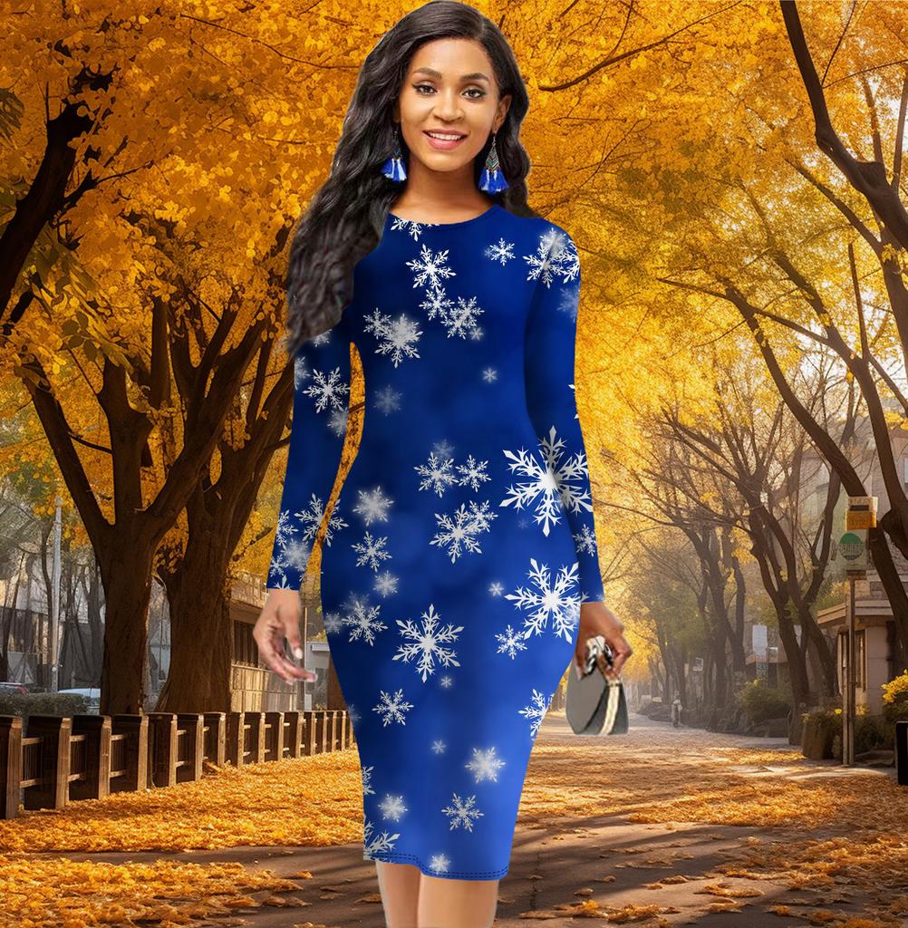 Long Sleeve Waist Tight Office Slim Fit Hexagonal Snowflake Printing Elegant Bodycon Dress