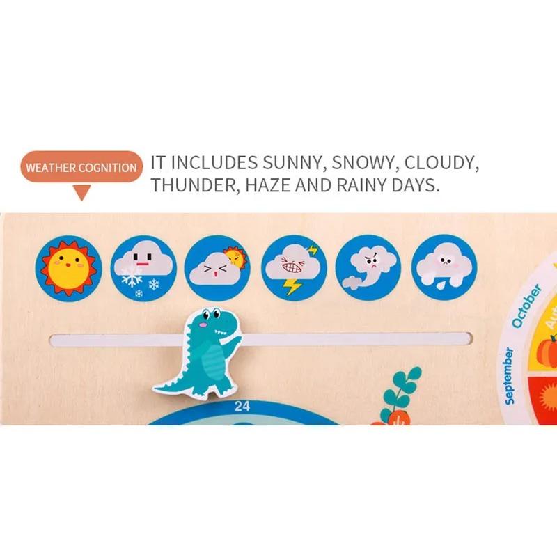 Kinder Dinosaurier Holz Kalender Uhr Lernspielzeug Montessori Pädagogisches Lernen Zeit Wetter Woche Kognitives Gemeinde Spielzeug