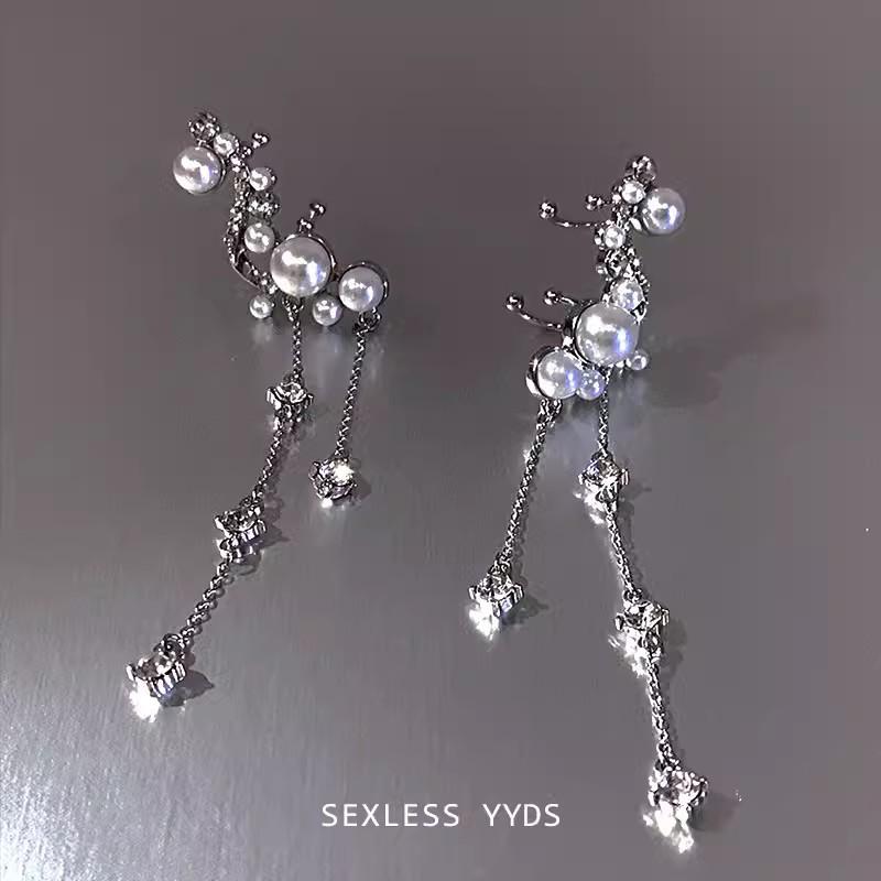 Серьги-каффы с жемчужной бахромой, легкая роскошь, длинные серьги без проколов, взрывные серьги для женщин