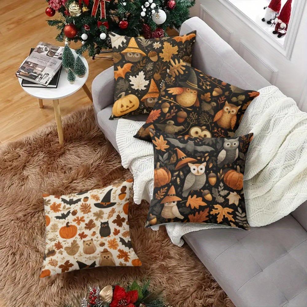 Halloween Themed Pillowcases with Owls, Pumpkins, Bats & Leaves - Spooky and Cozy Decor for Your Home Sofa Cushion Cover