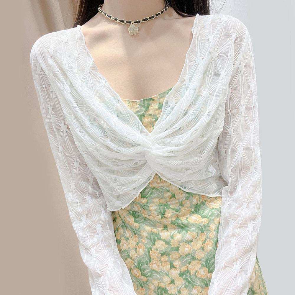 

Шаль из сетки с длинными рукавами, защита от солнца, кружевной топ, новый короткий накидка, женская одежда L белый