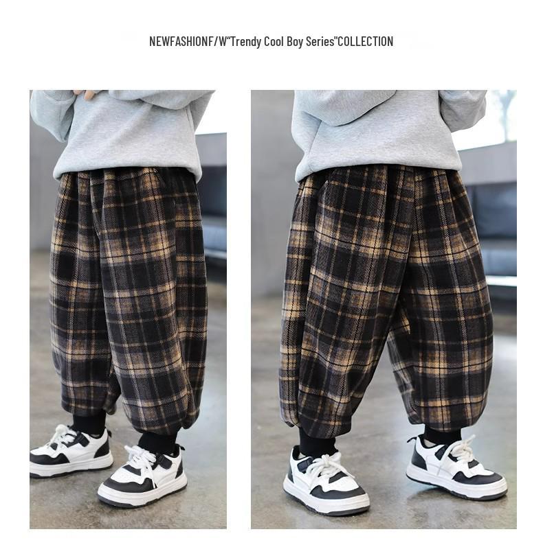 Chlapecké flísové kostkované tepláky: Zimní teplé jednodílné ležérní kalhoty pro batolata